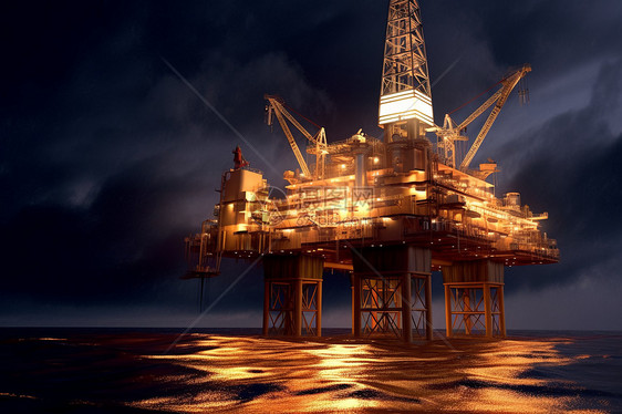 夜间照明的海上石油钻井平台图片