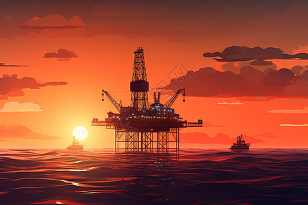 日落时海上石油钻井平台图片