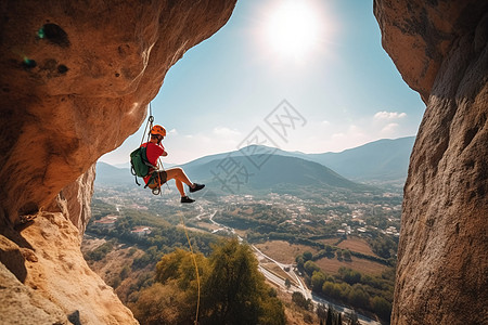 站在山崖上人登山者挂在绳子上背景