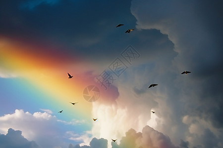 彩虹和天上的鸟图片