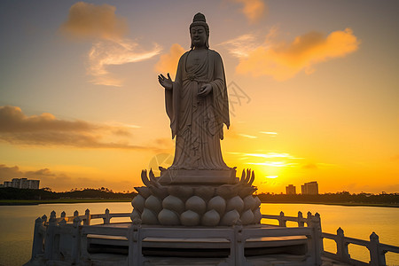 海边的观音像背景图片