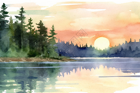 湖边日出的景色图片