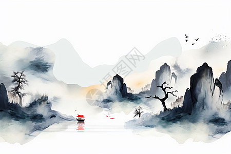 旅行路上的风景山间风景的山水画插画