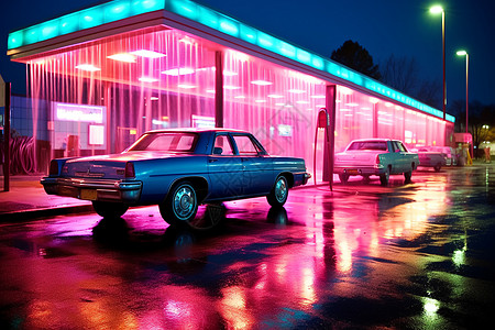 洗车的夜景汽车刷漆高清图片