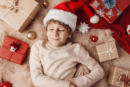 快乐男孩躺在圣诞礼品中图片