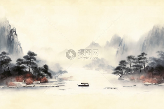 中式的风景插画图片