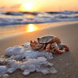 落日海滩上的寄居蟹图片