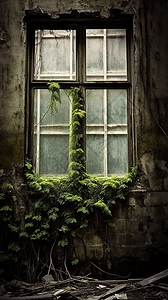 爬满植物的暗色调铁窗图片