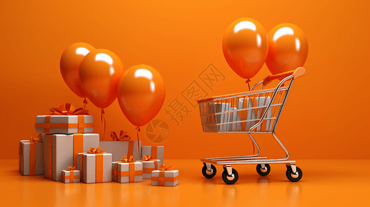 橙色购物车和礼品盒图片