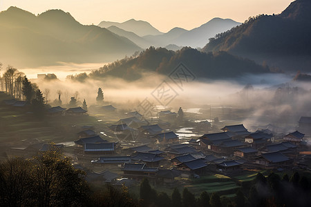 清晨秦岭山间的古镇图片