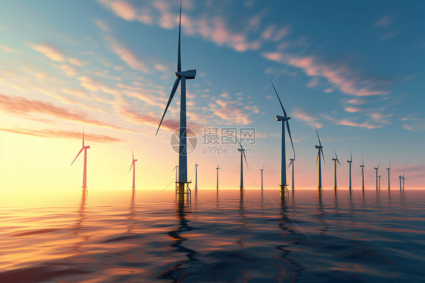 落日时的海上风力涡轮机图片