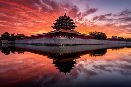 夕阳下的护城河风景图片