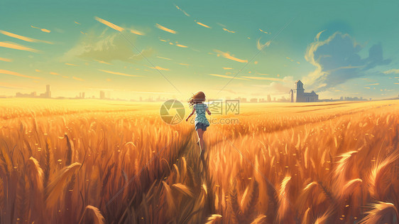 稻田中奔跑的女孩图片