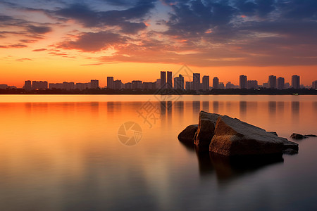 日出时药湖日落时平静的湖面背景