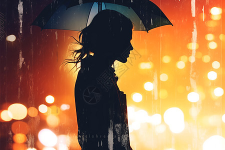 雨中女人侧面水彩插图图片