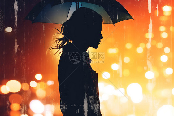 雨中女人侧面水彩插图图片