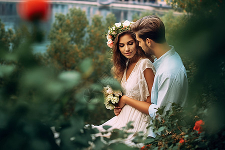 国外婚纱照花园中浪漫的情侣背景