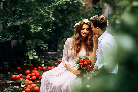 花园中拍婚纱照的夫妻背景图片