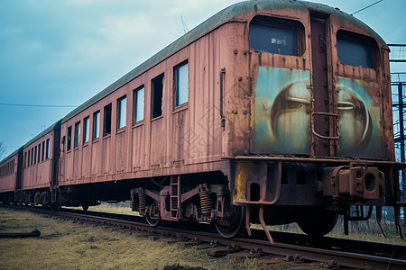 轨道上的破旧的火车车厢图片