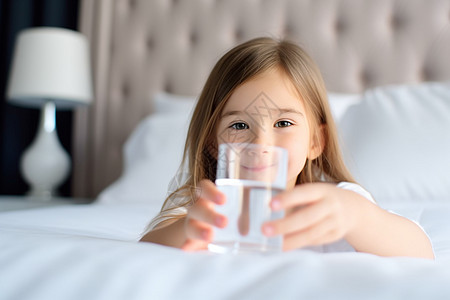 运动水杯白小女孩在床上拿着水杯喝水背景