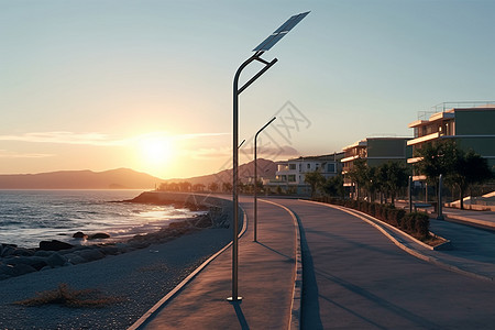 落日时分的海边公路的太阳能路灯图片