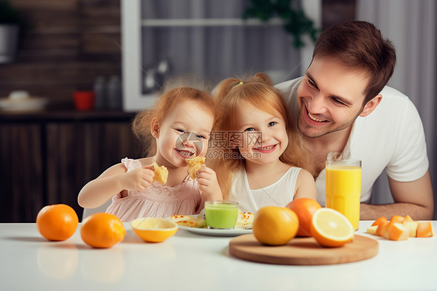 父亲陪伴女儿们吃早餐图片