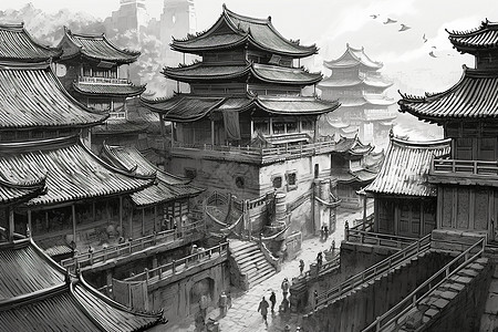 中式建筑水墨画图片