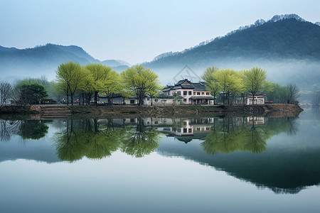 高山湖泊中的小村庄图片