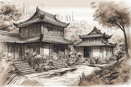 中国传统花园房背景图片