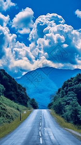 蓝天白云山和树林背景图片