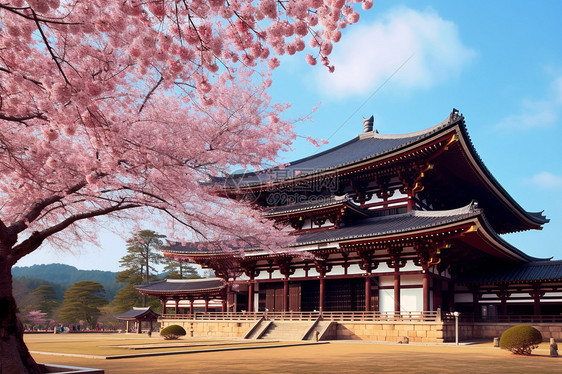 寺庙门前的樱花树图片