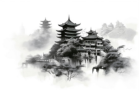 大气风景著名寺庙建筑插画