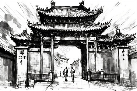 中国古代大门插画图片