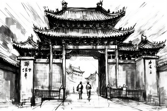 中国古代大门插画图片