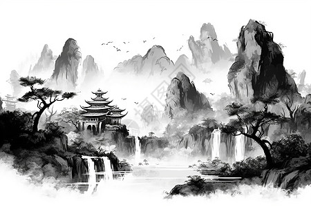 水墨风景插画图片