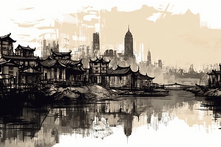 中国城市景观的水墨画图片