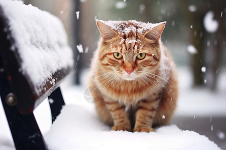 坐在长凳上猫雪地长凳上的小猫背景