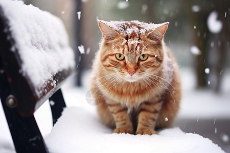 雪地长凳上的小猫图片