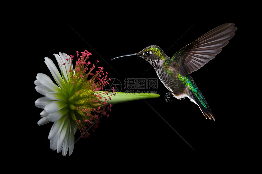 小鸟在花朵旁飞舞图片