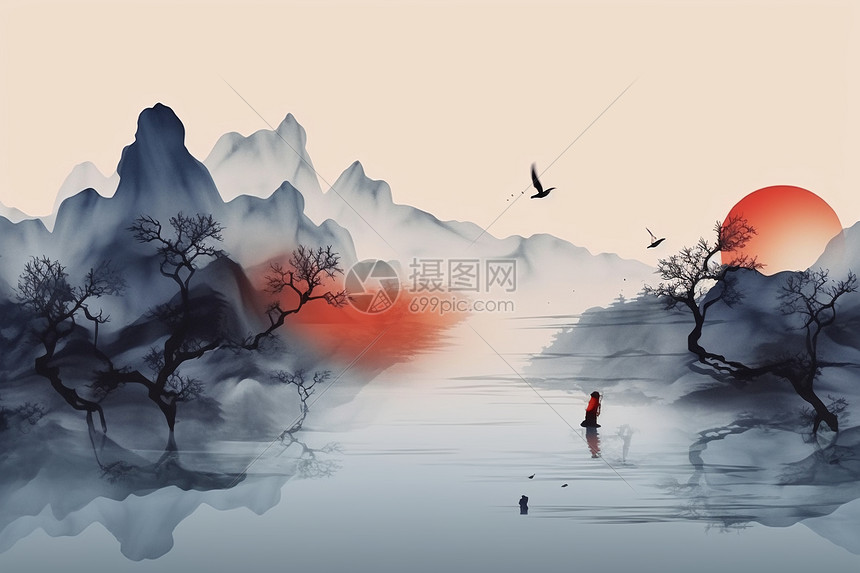 抽象山水风景插画图片