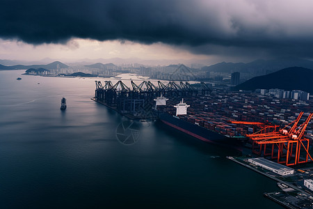 暴雨天气下的工业港口背景