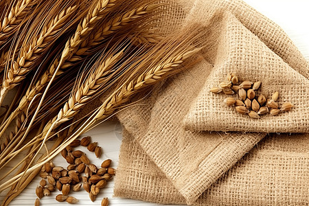 亚麻布和金色的小麦穗图片