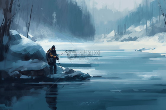 人在冰冻的河流中钓鱼图片