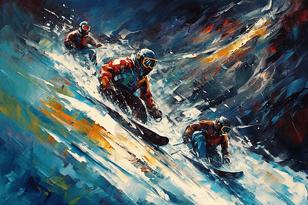 一幅滑雪者在雪山上的画图片