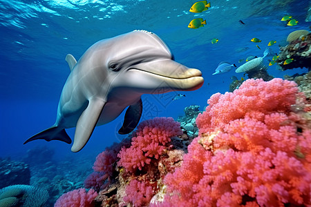 珊瑚礁背景上的海豚图片