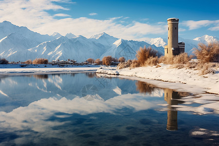 雪山在湖面的倒影图片