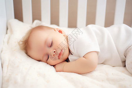 女婴睡在白色的床上图片