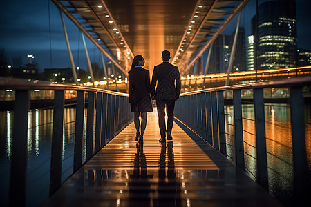 在桥上散步的情侣图片