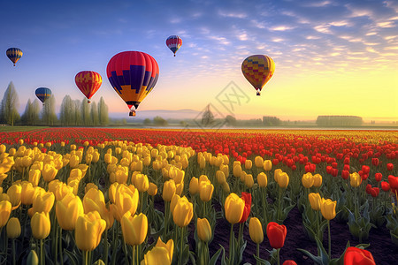 郁金香花田上空的热气球图片