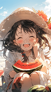 海滩吃西瓜的女孩背景图片